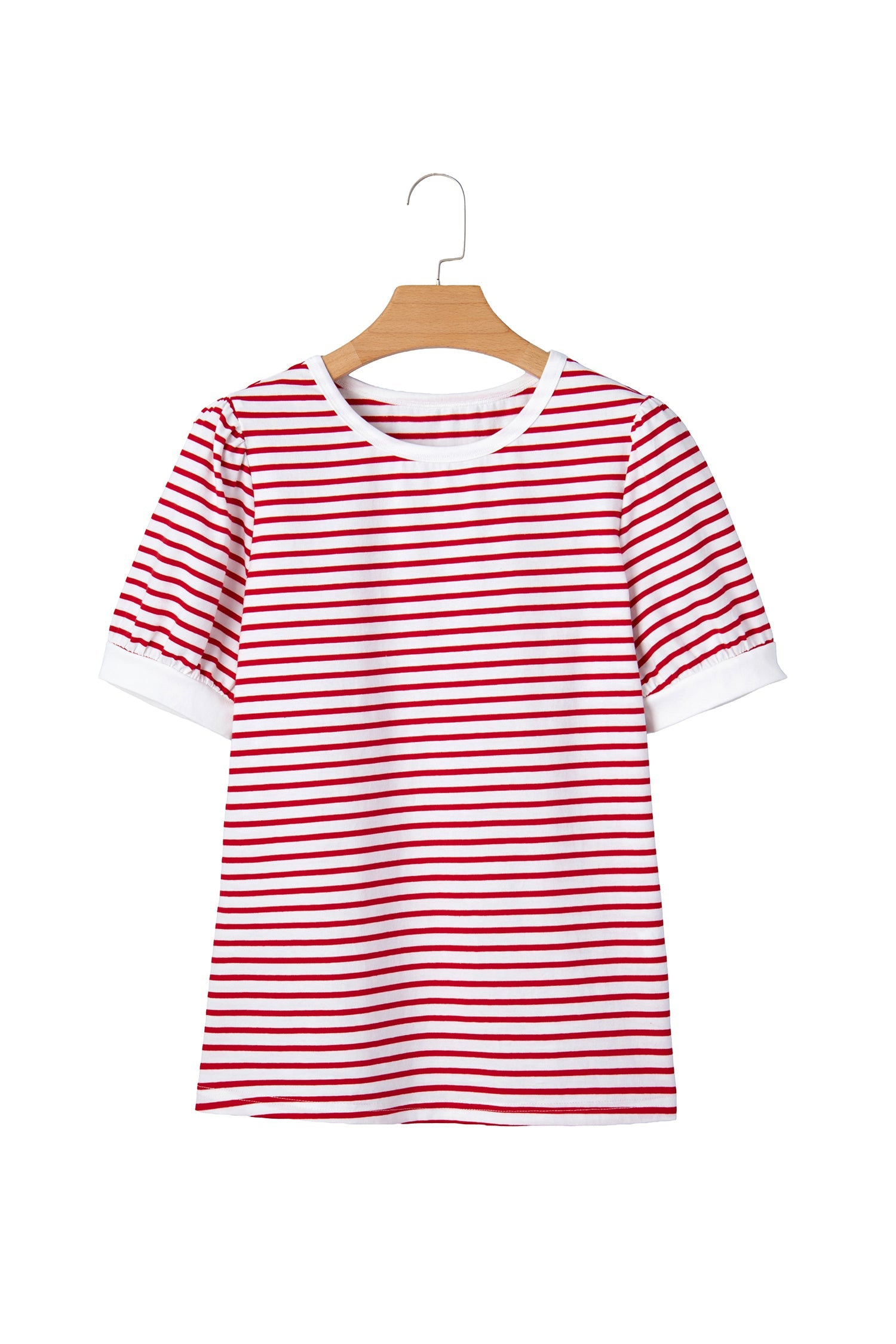 Stripe Contrast Trim Round Neck Puff Sleeve T-Shirt