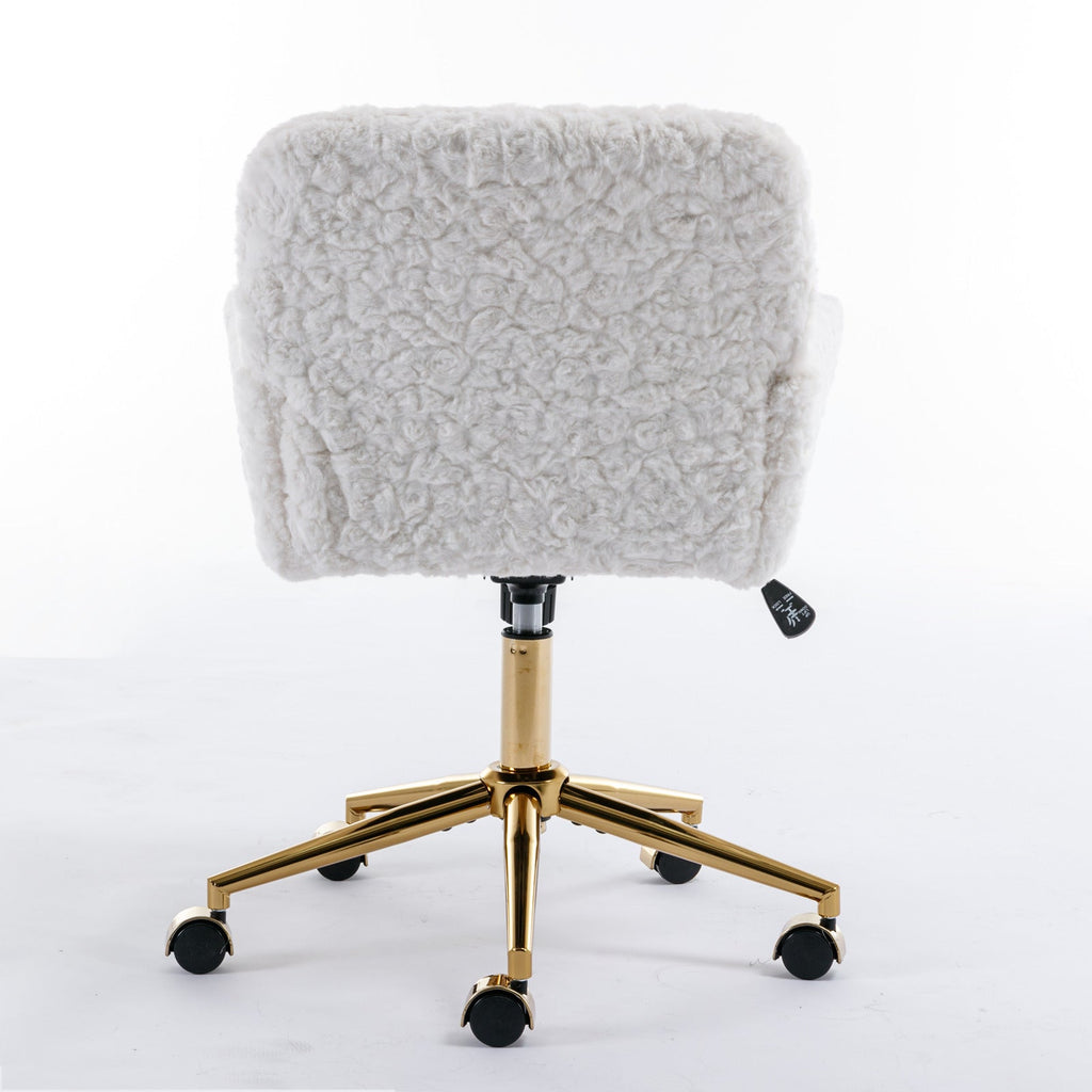 A&A Furniture Artificial Rabbit Hair Office Chair with Golden Metal Base, Adjustable Swivel Vanity Chair, Beige Velvet