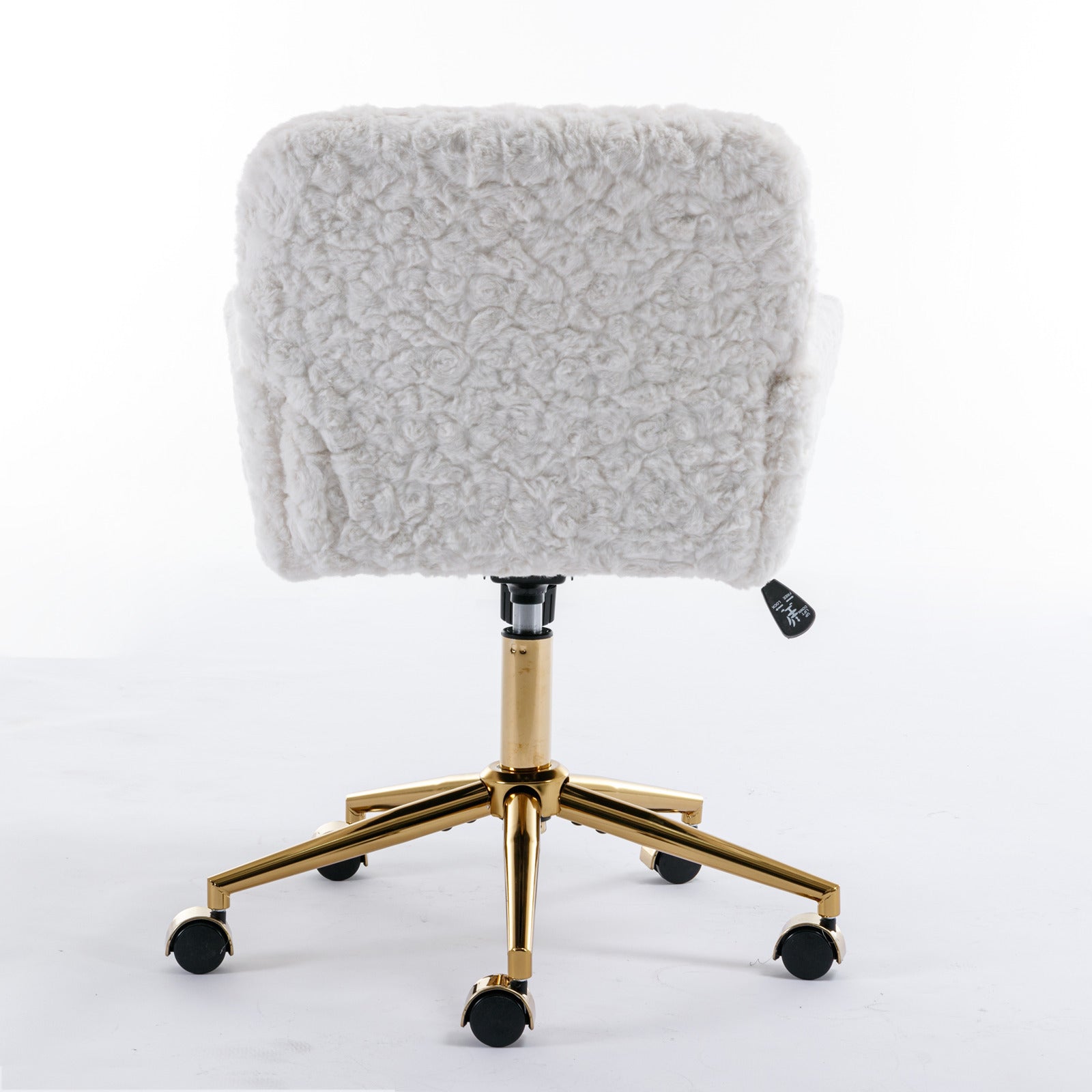 A&A Furniture Artificial Rabbit Hair Office Chair with Golden Metal Base, Adjustable Swivel Vanity Chair, Beige Velvet