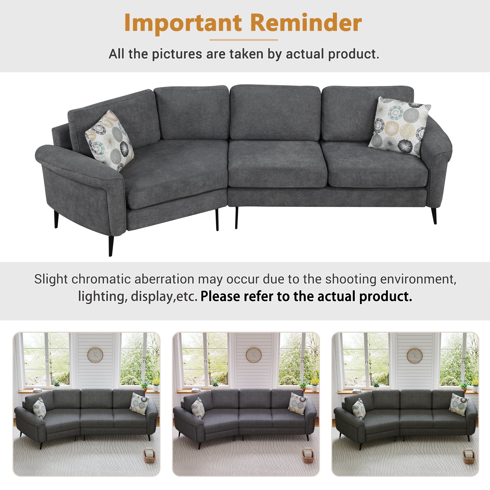 111' Upholstered 3-seater Sofa Curved Sofa Couch with Two Printed Pillows for Living Room, Dark Gray