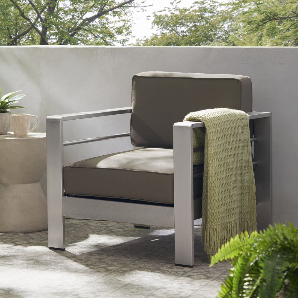 Outdoor Aluminum Club Chair with Cushion, Grey