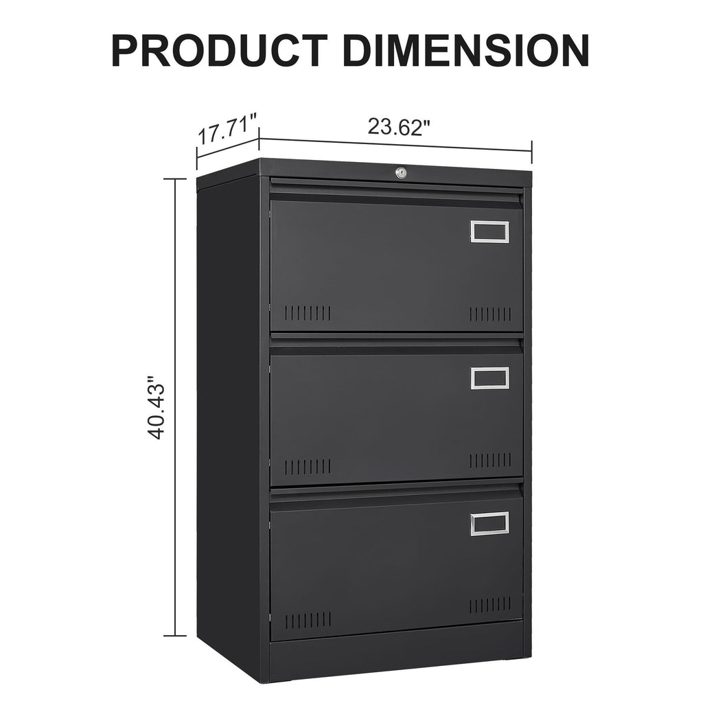 Black Metal 3-Drawer Lateral Filing Cabinet with Lock for Home and Office