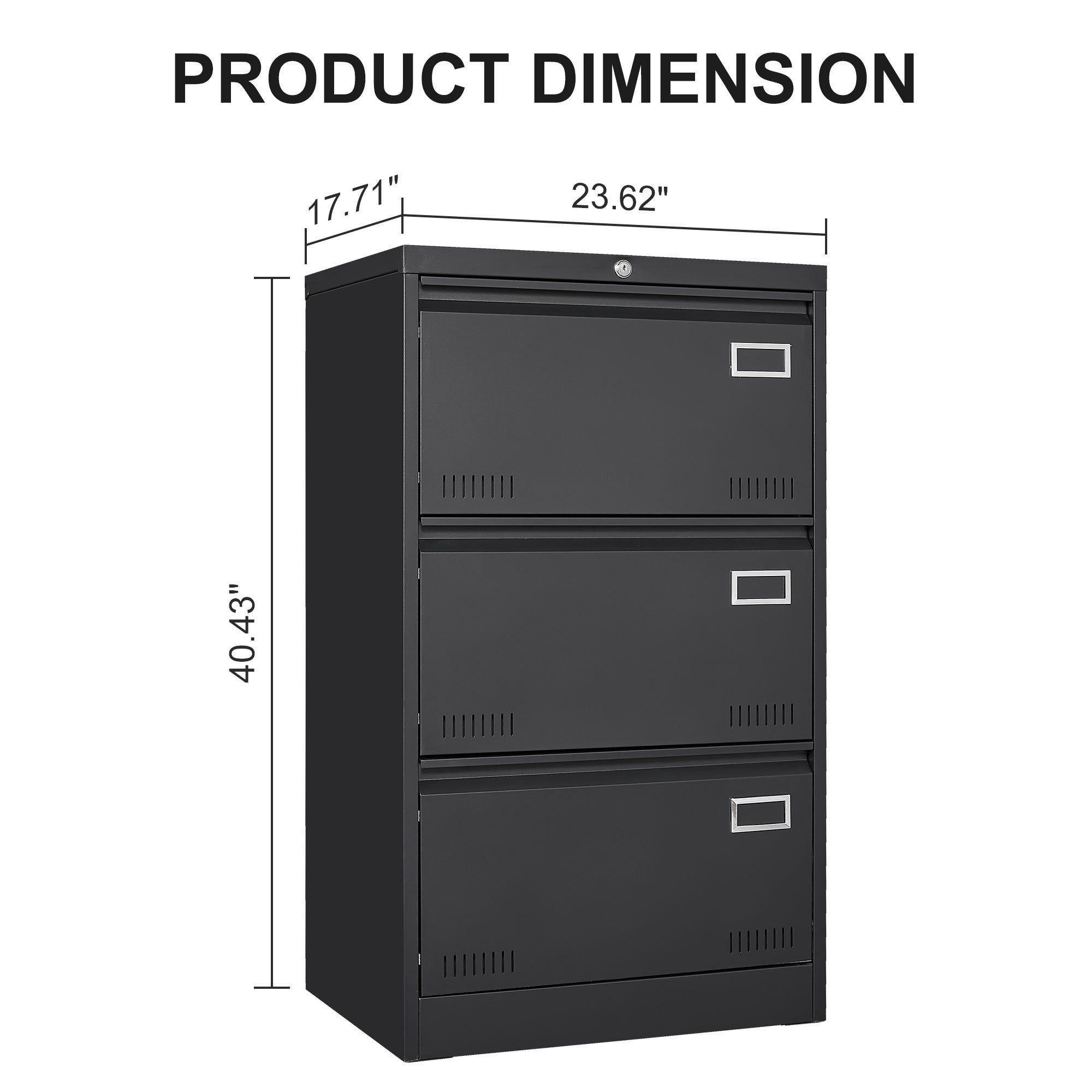 Black Metal 3-Drawer Lateral Filing Cabinet with Lock for Home and Office