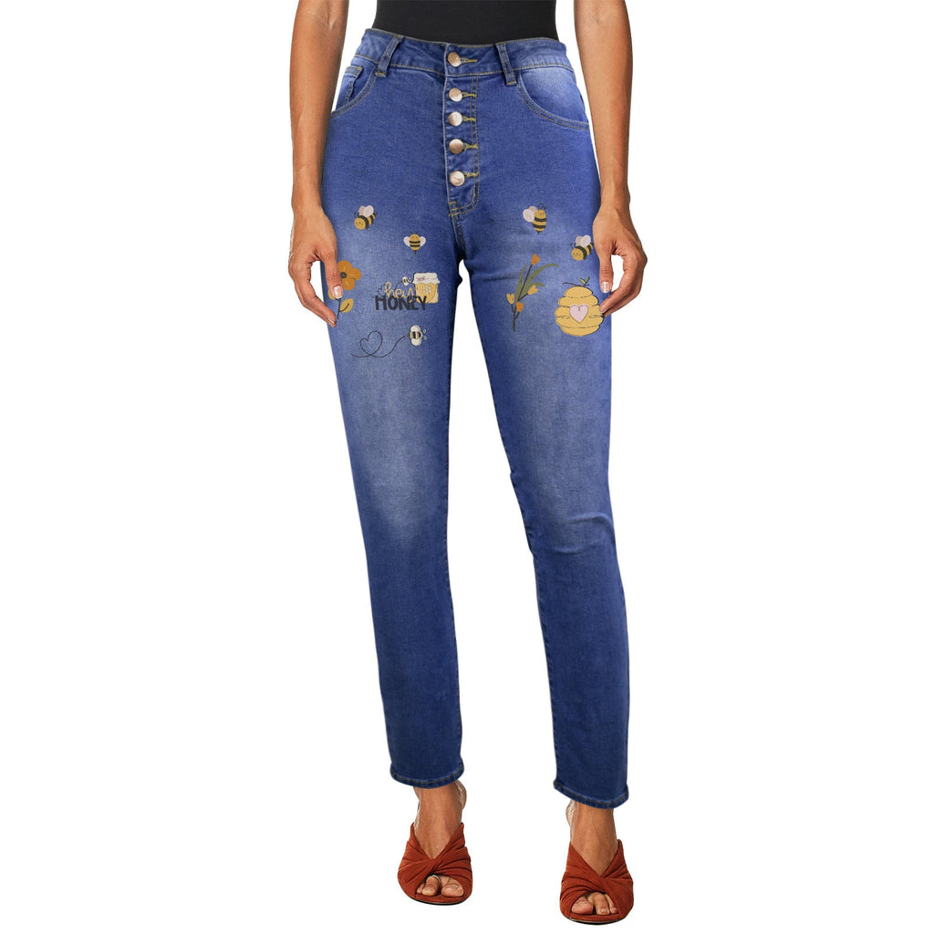 Women's Hello Honey Decorated Design Jeans with Front Printing