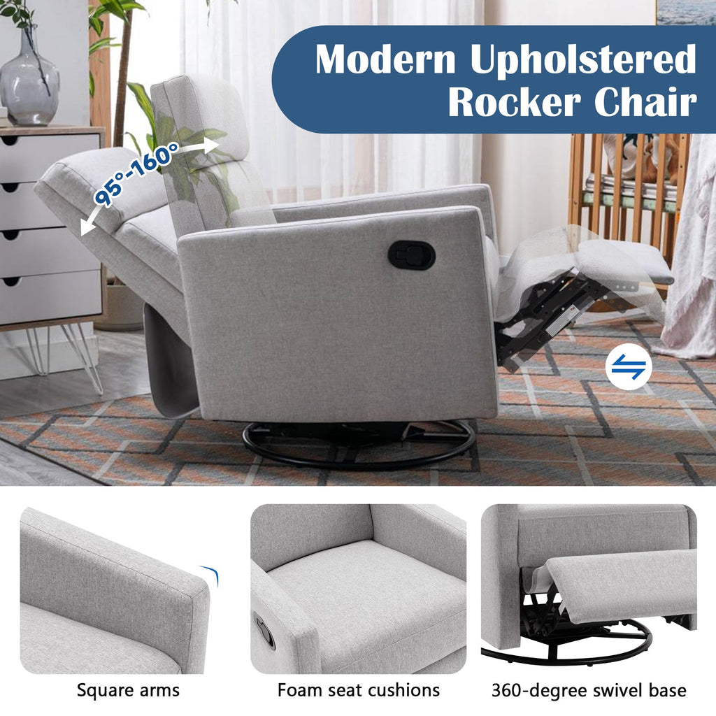 Modern Upholstered Rocker Nursery Chair Plush Seating Glider Swivel Recliner Chair, Gray Linen