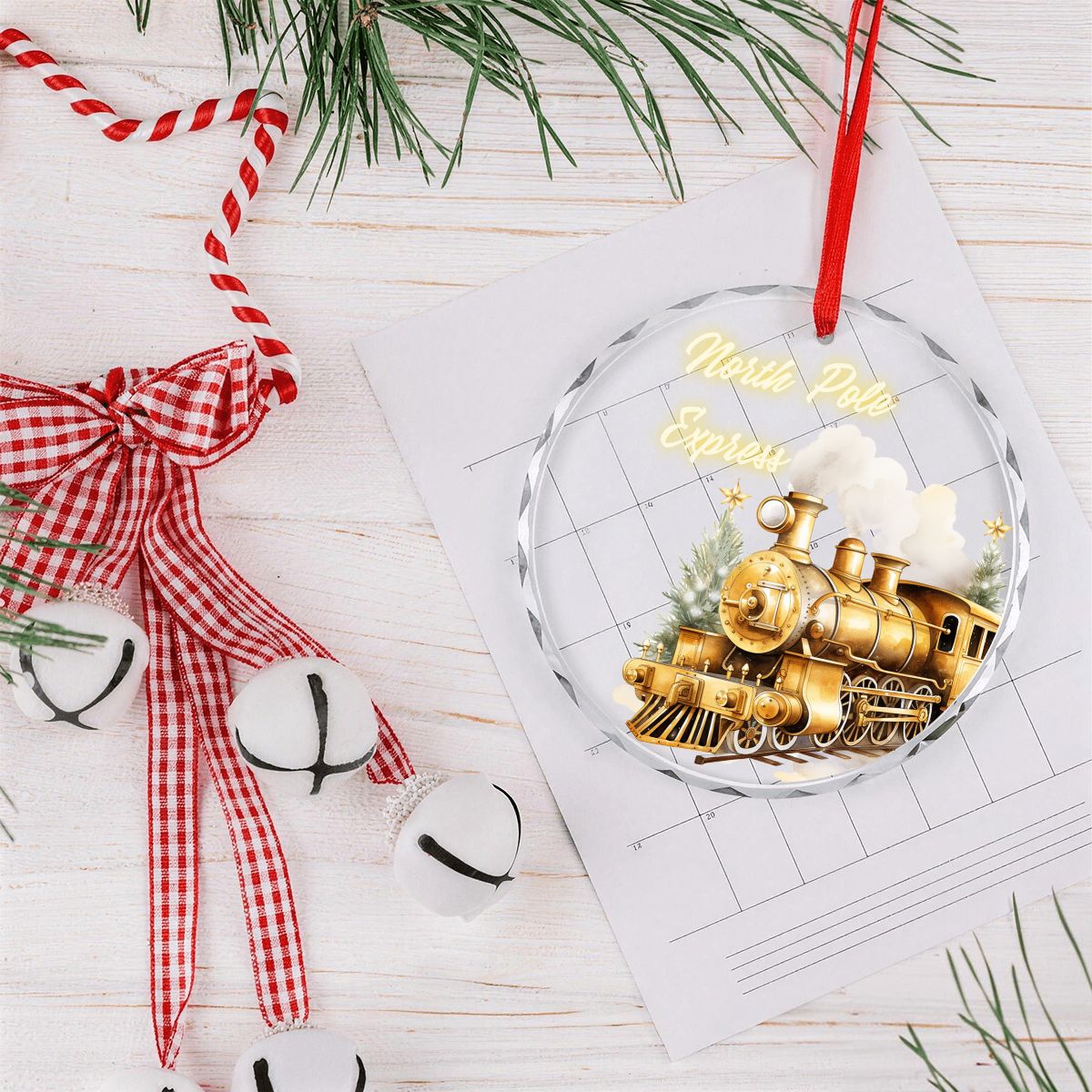 North Pole Express Golden Train Round Glass Christmas Ornament (Made in USA)
