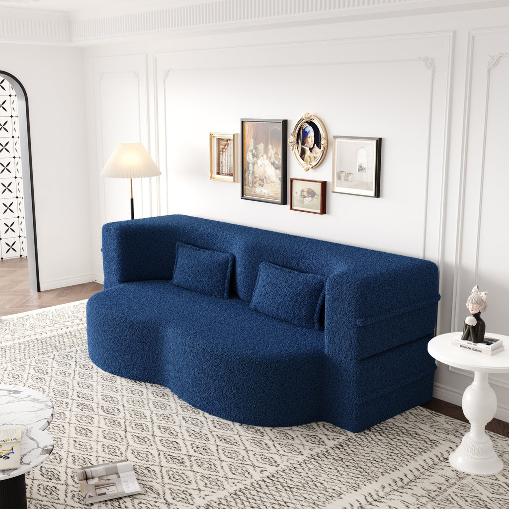 Modern Floor Sofa with 2 Pillows,Convertible Teddy Fabric Foam Filled Sleeper Sofa Bed,15 ' Full Size Folding Mattress for Living Room,Guest Bed,Playroom,no assembly required,Blue