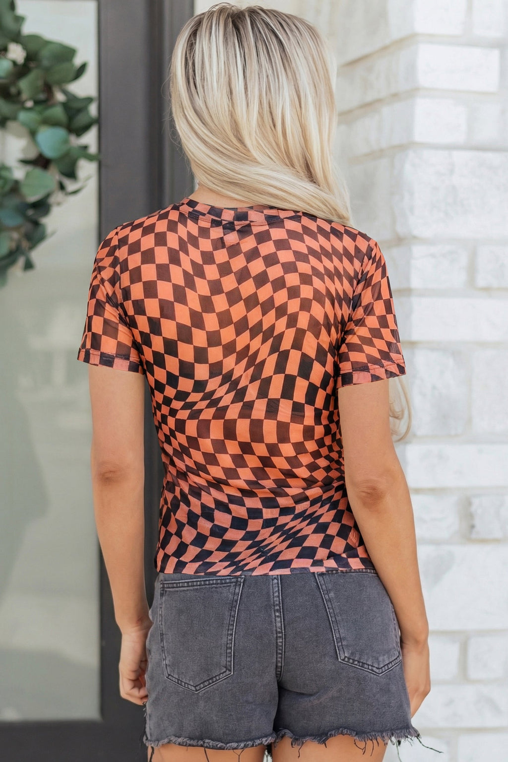 Checker Mesh Mock Neck Short Sleeve T-Shirt