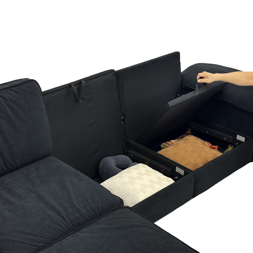 FX-P20M-3S0-BK (3S&Ottoman SOFA)105.5inch Upholstered L-Shaped Sectional Sofa with Storage , Modern Fabric Couch with Deep Cushions, Space-Saving Sofa for Apartment & Living Room