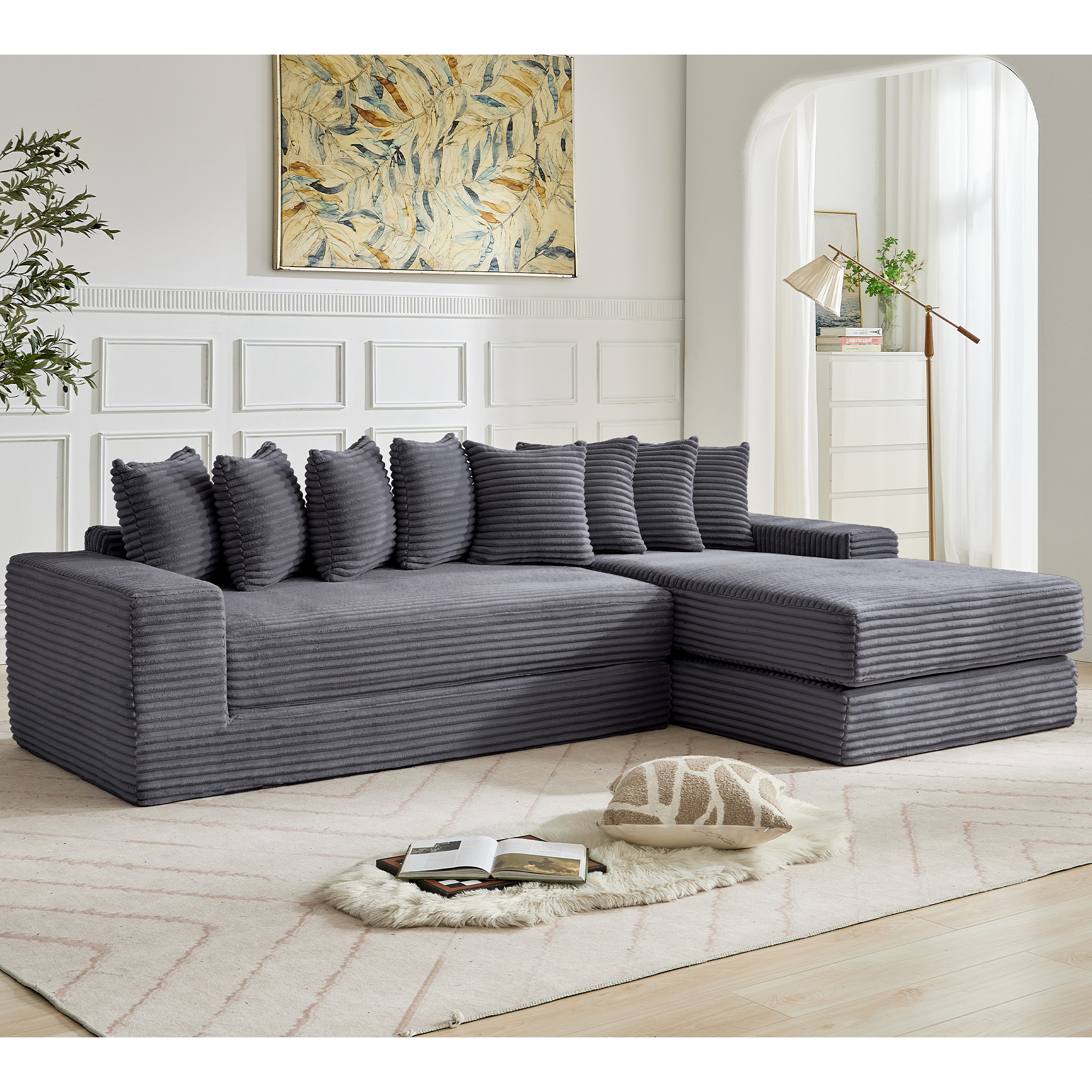[NEW ARRIVED] [VIDEO PROVIDED] Oversize Cloud Couch, L-Shape Sofa, Convertible Floor Sleeper Sofa Bed, No Assembly ,Eight pillows,3-in-1,Magazine bag,(Right Facing Sofa),3 Seat,Corduroy,Dark Gray