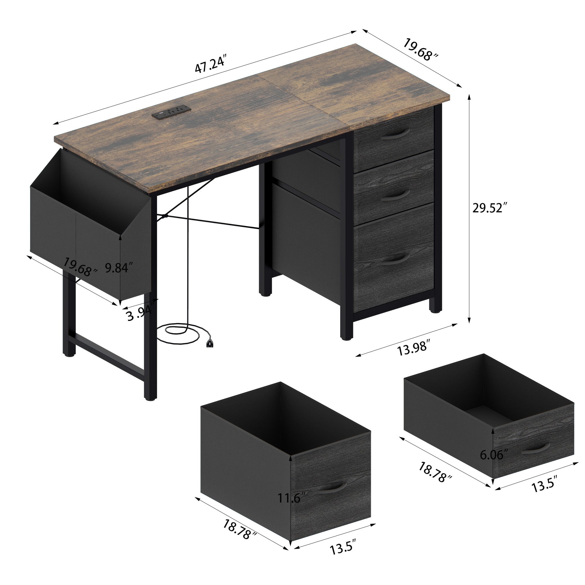 47.3'office desk with power outlet,3drawers and Side Pocket, Easy to Assemble,Frame stability Reversible for Home Office Study,Rustic Brown