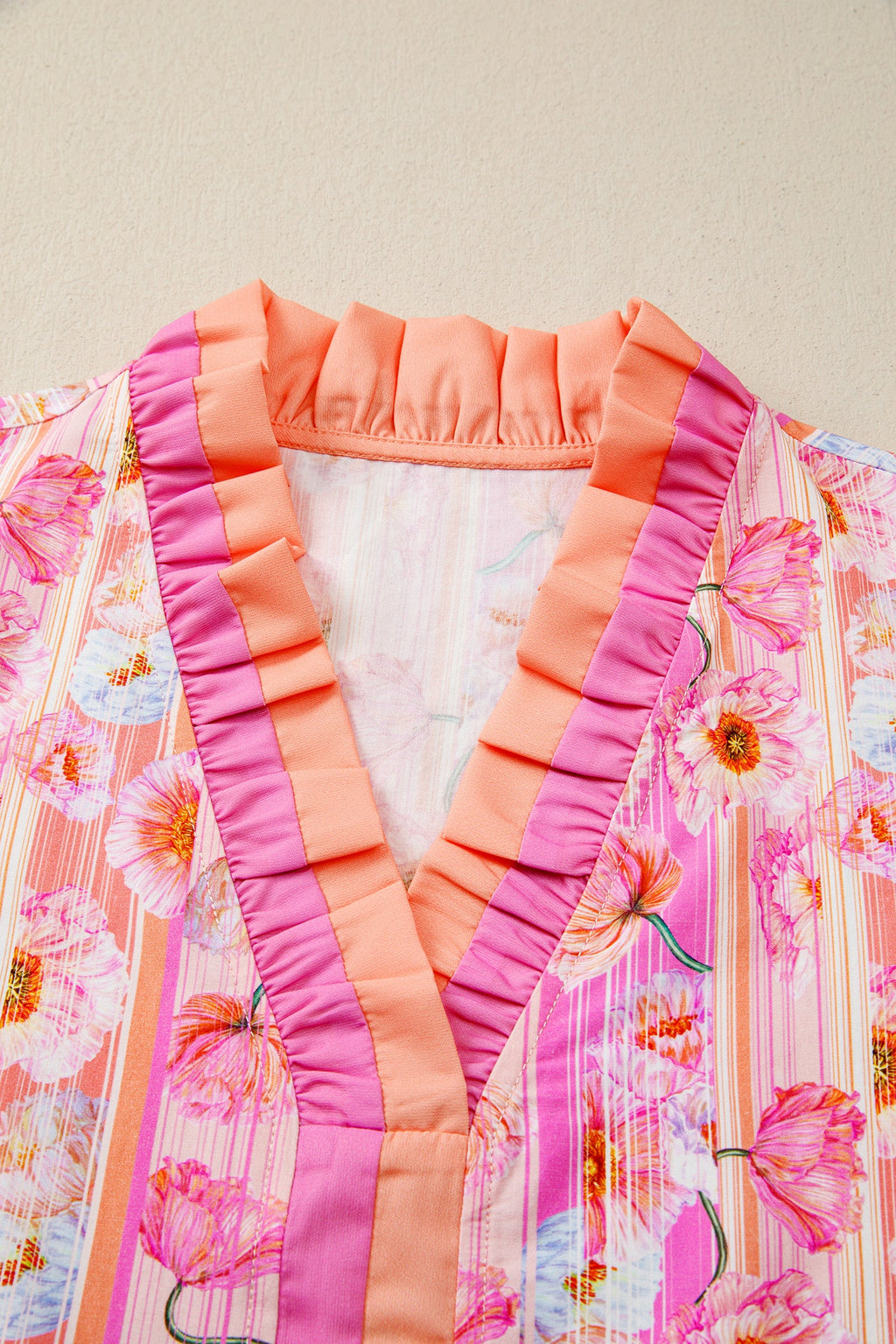 Floral Poppy Stripe Colorblock V-Neck Short Sleeve Blouse