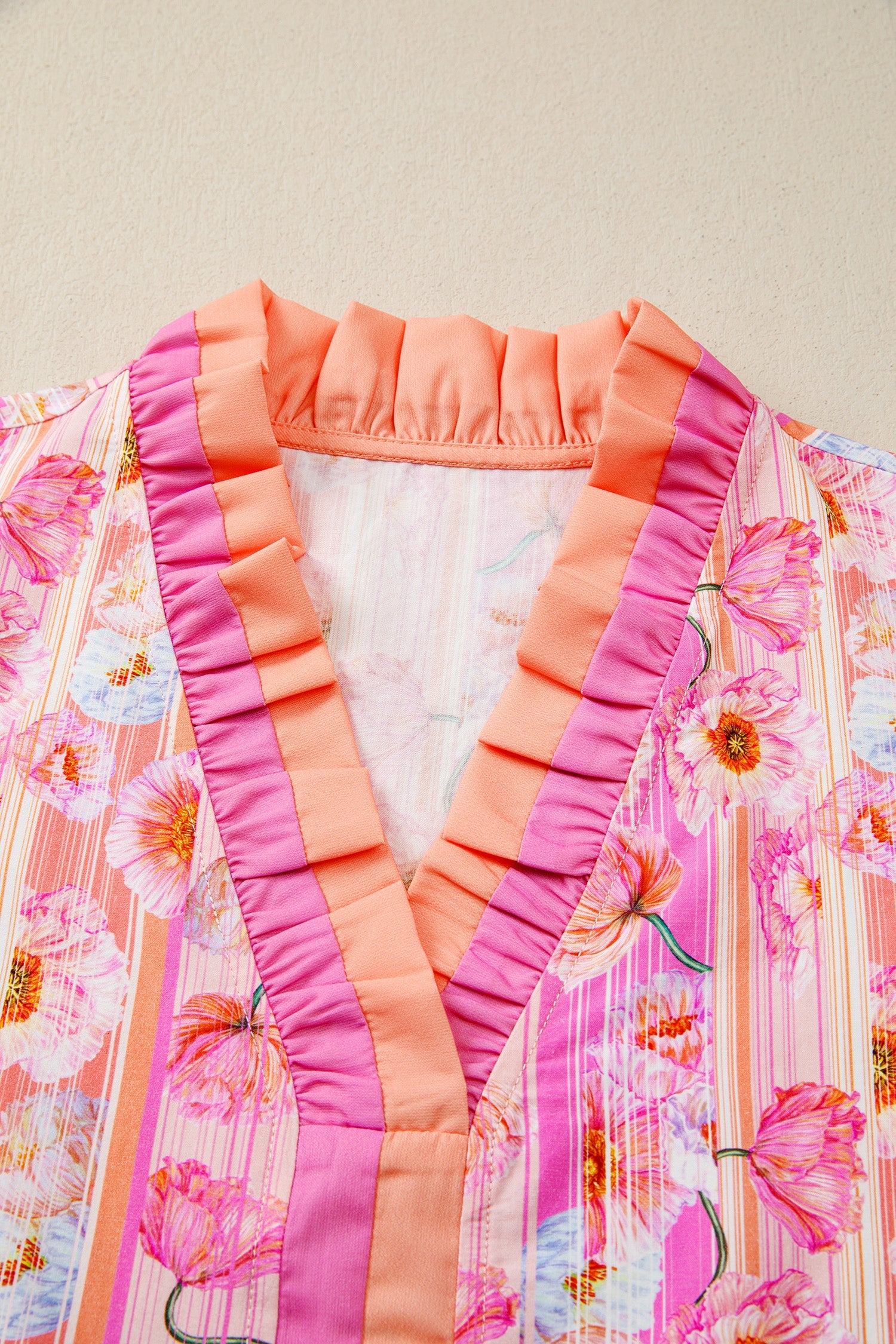 Floral Poppy Stripe Colorblock V-Neck Short Sleeve Blouse