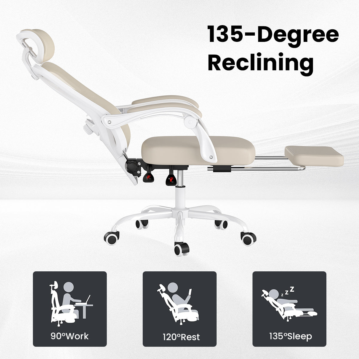 Ergonomic Office Chair with Footrest, Mesh Office Desk Chair with Headrest, High Back Computer Chair with Adjustable Lumbar Support for Home Office Study Room Bedroom, White & Kakhi
