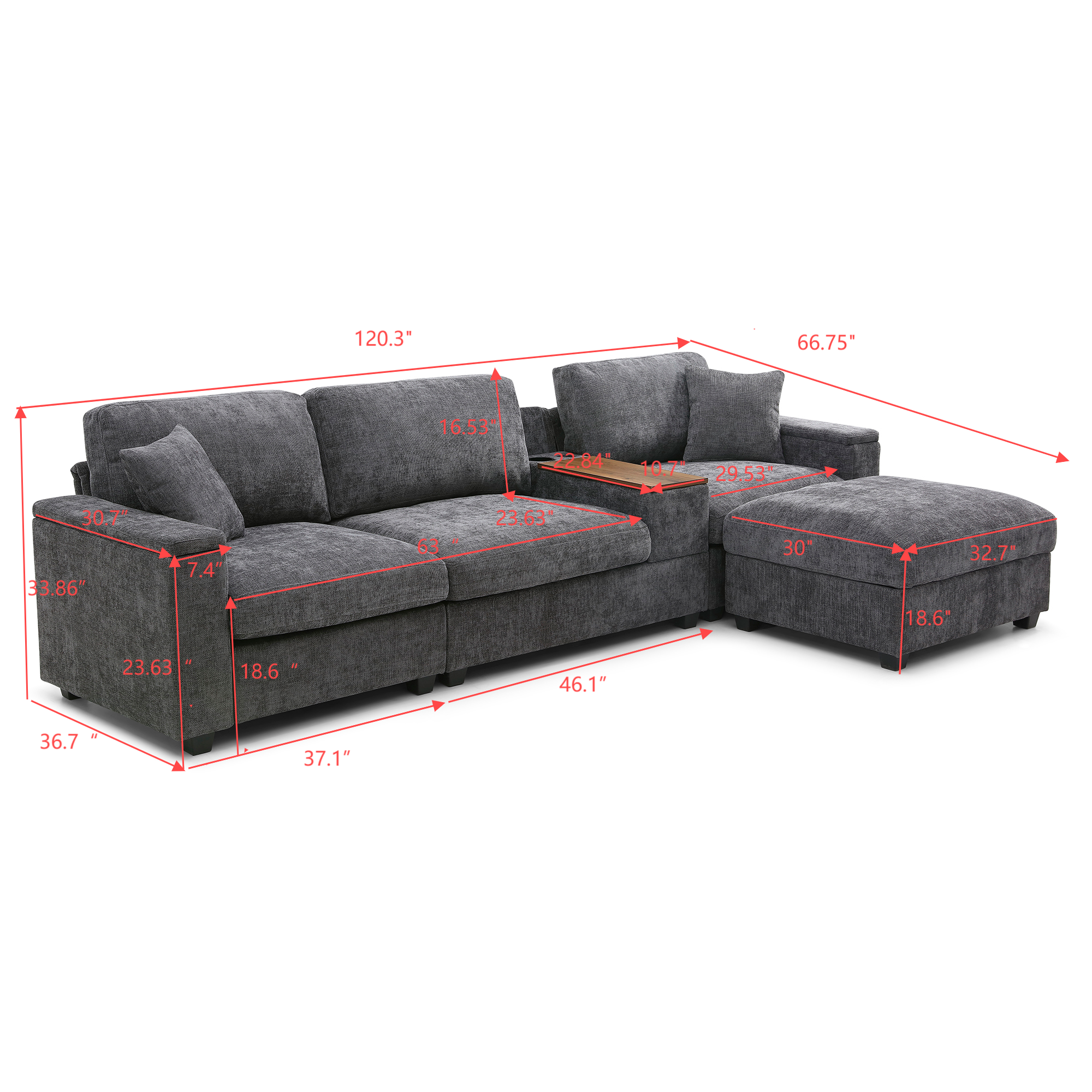 120.3'Sectional Sofa ,L-Shaped Oversized Couch ,Comfy Cloud Couch Set with Drop Down Table,360-degree Swivel tray ,Cup Holders,USB Charger,Storage Ottoman and  Armrest,Wide Seat Sofa for Living room