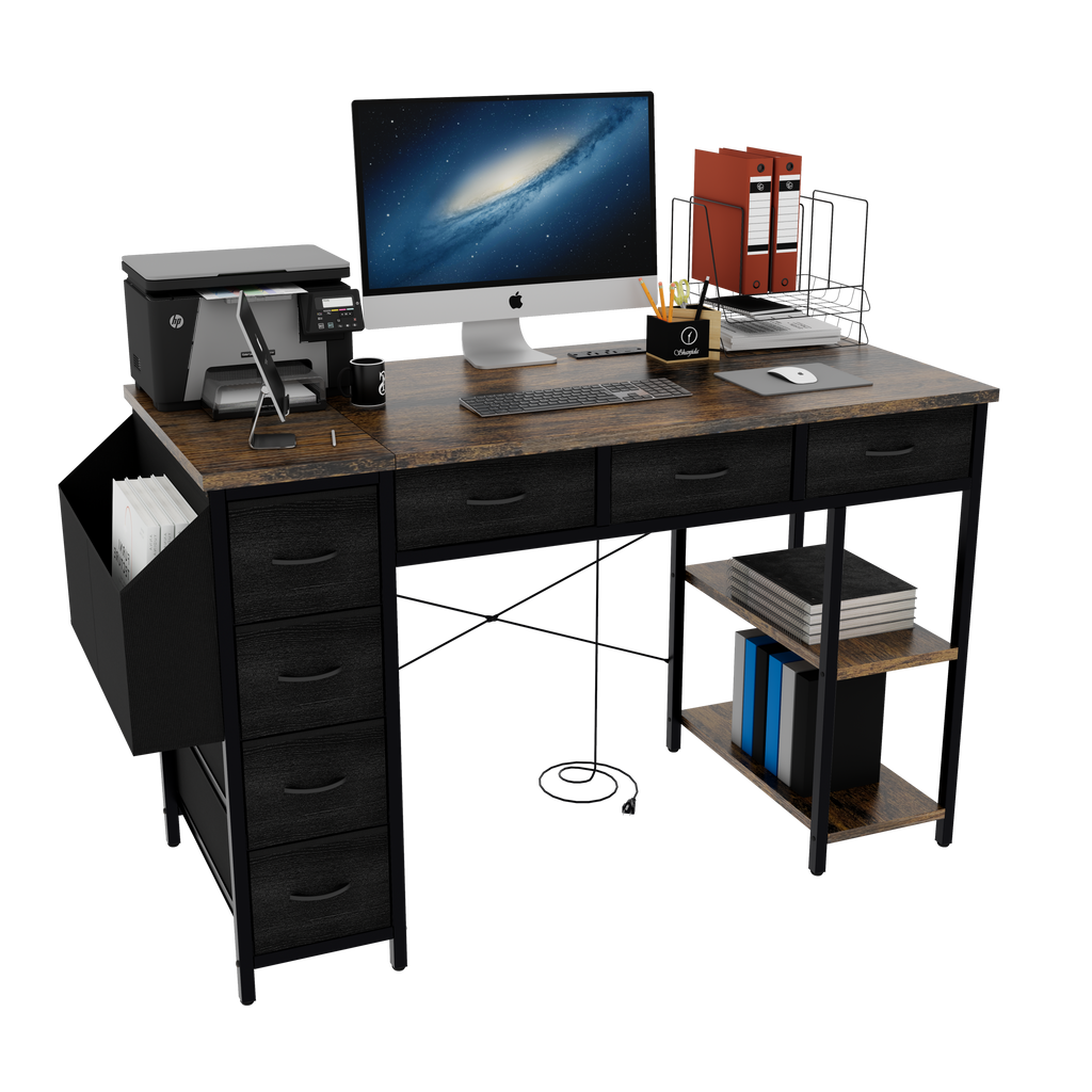 47' Computer Desk With Power Outlet,Writing Desk with 7 Fabric Drawers,Vanity table Drawers and Large Side Pocket,Rustic Brown