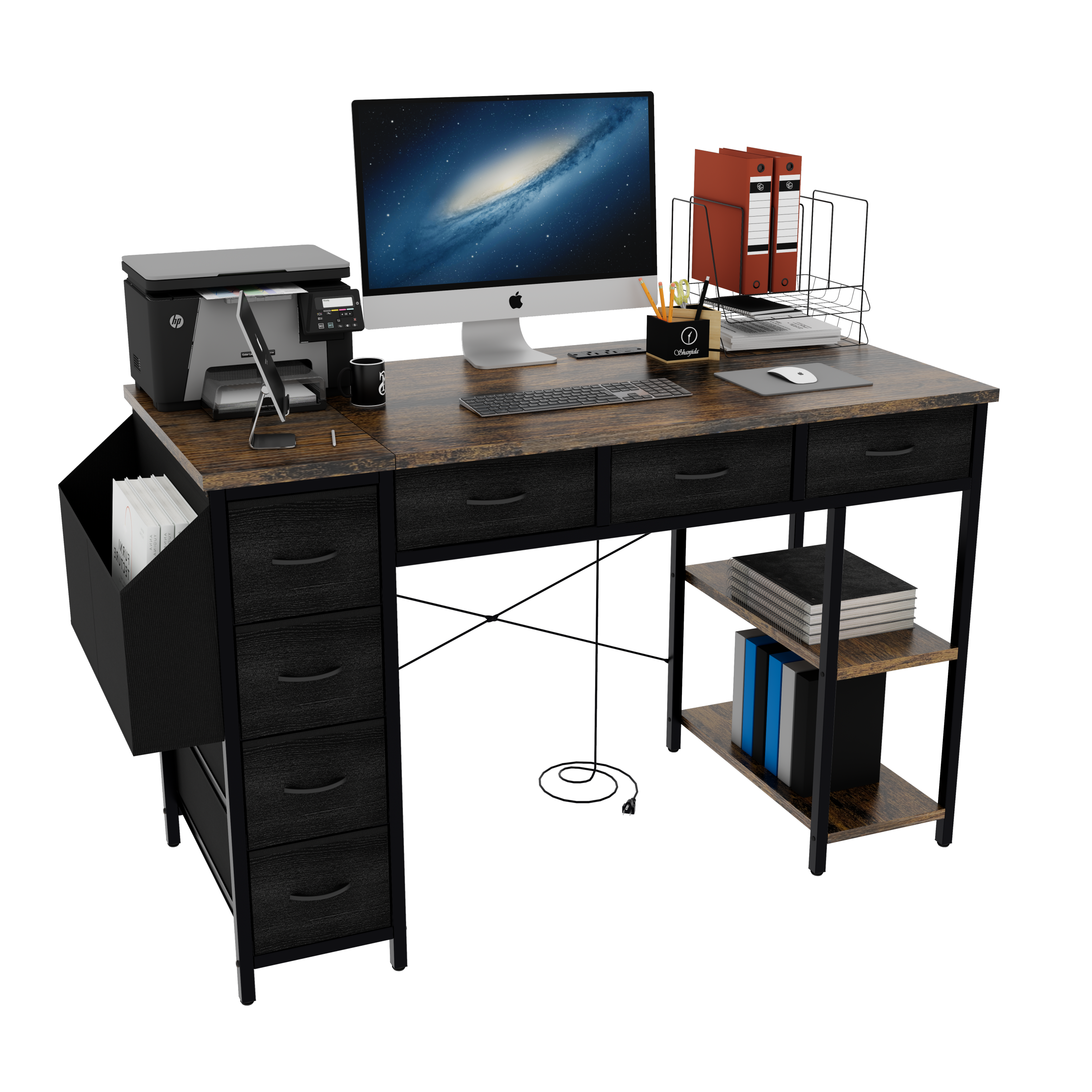 47' Computer Desk With Power Outlet,Writing Desk with 7 Fabric Drawers,Vanity table Drawers and Large Side Pocket,Rustic Brown