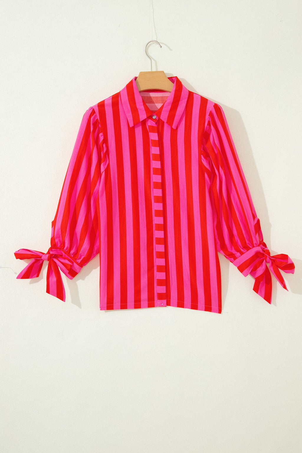 Stripe Tie Puff Sleeve Button Down Shirt