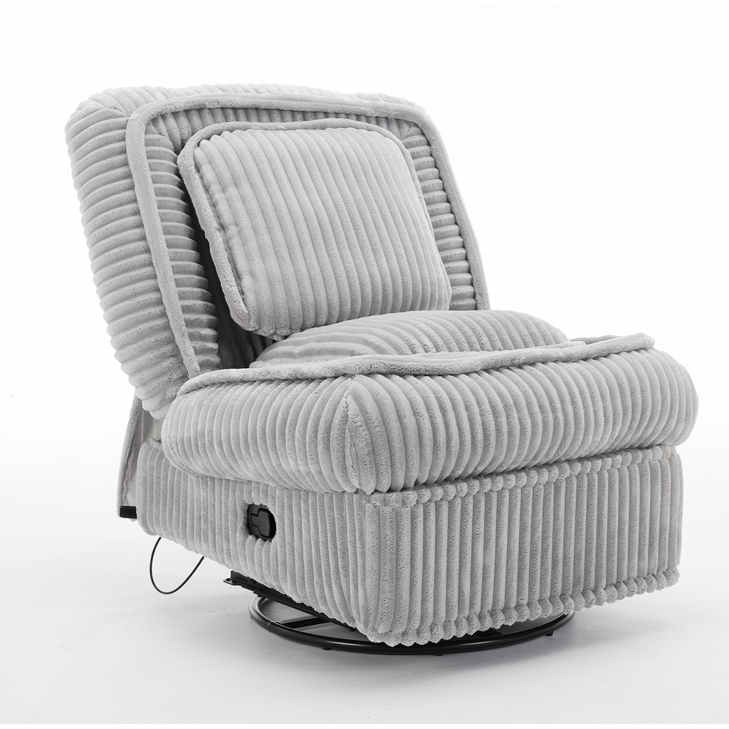[NEW ARRIVED] 360° Swivel Rocking Single Sofa,Recliner Sofa, Manual Glider Rocking Armless Chair,Living Room Office, With Adjustable Backrest and Footrest and pillows, Small Spaces,Corduroy , Gray