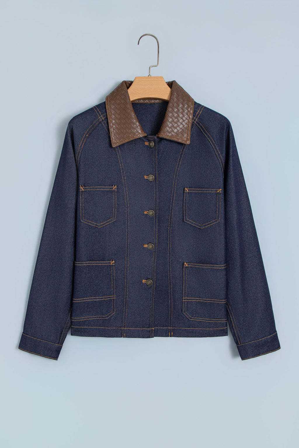Faux Leather Contrast Collar Buttoned Denim Jacket
