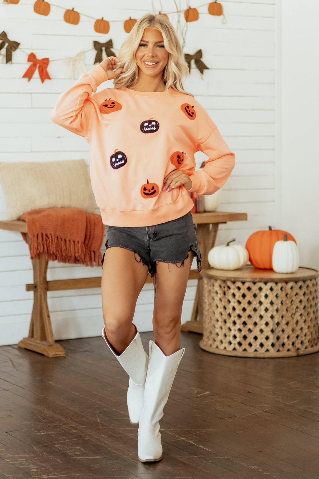 Halloween Embroidered Jack-O-Lantern Drop Shoulder Sweatshirt