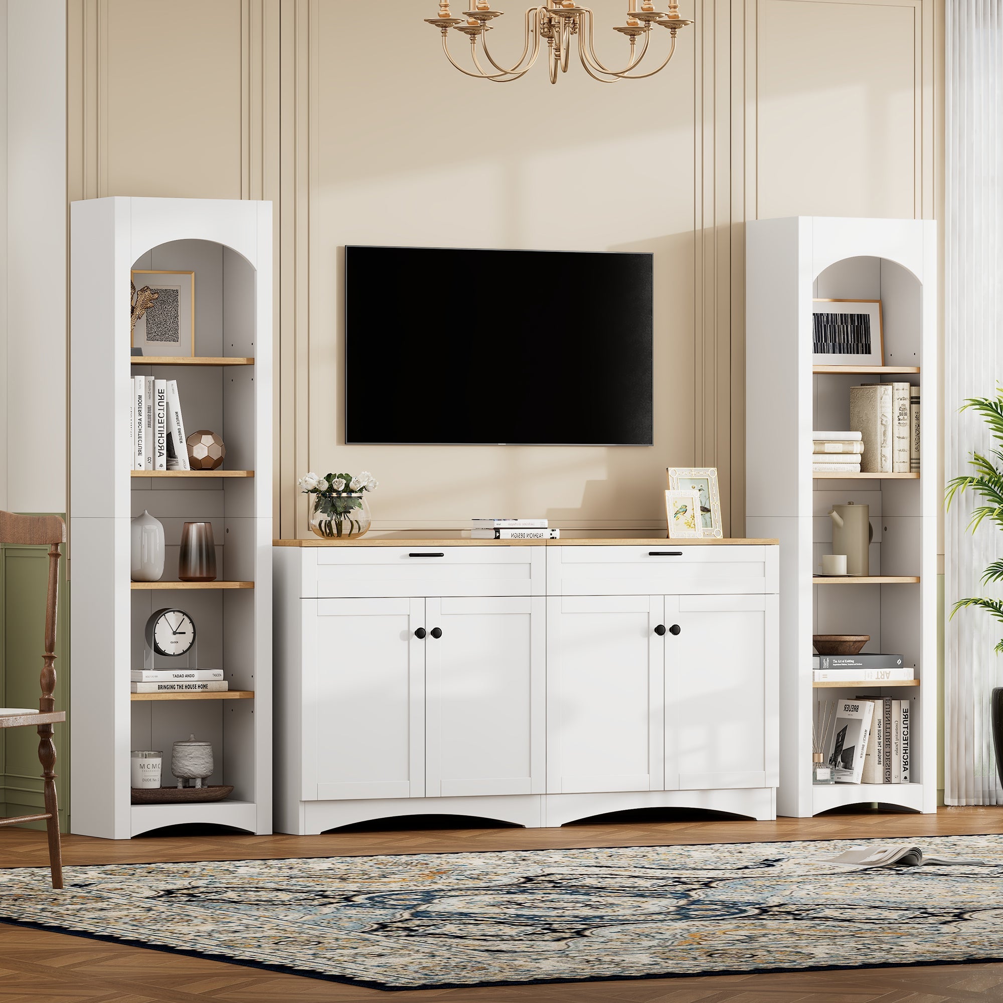 ON-TREND 3-Piece Farmhouse Entertainment Center with Storage Cabinet for TVs Up to 70', Mid-Century TV Stand with Bookshelf, Rustic Versatile Sideboard with Adjustable Shelves for Living Room, White