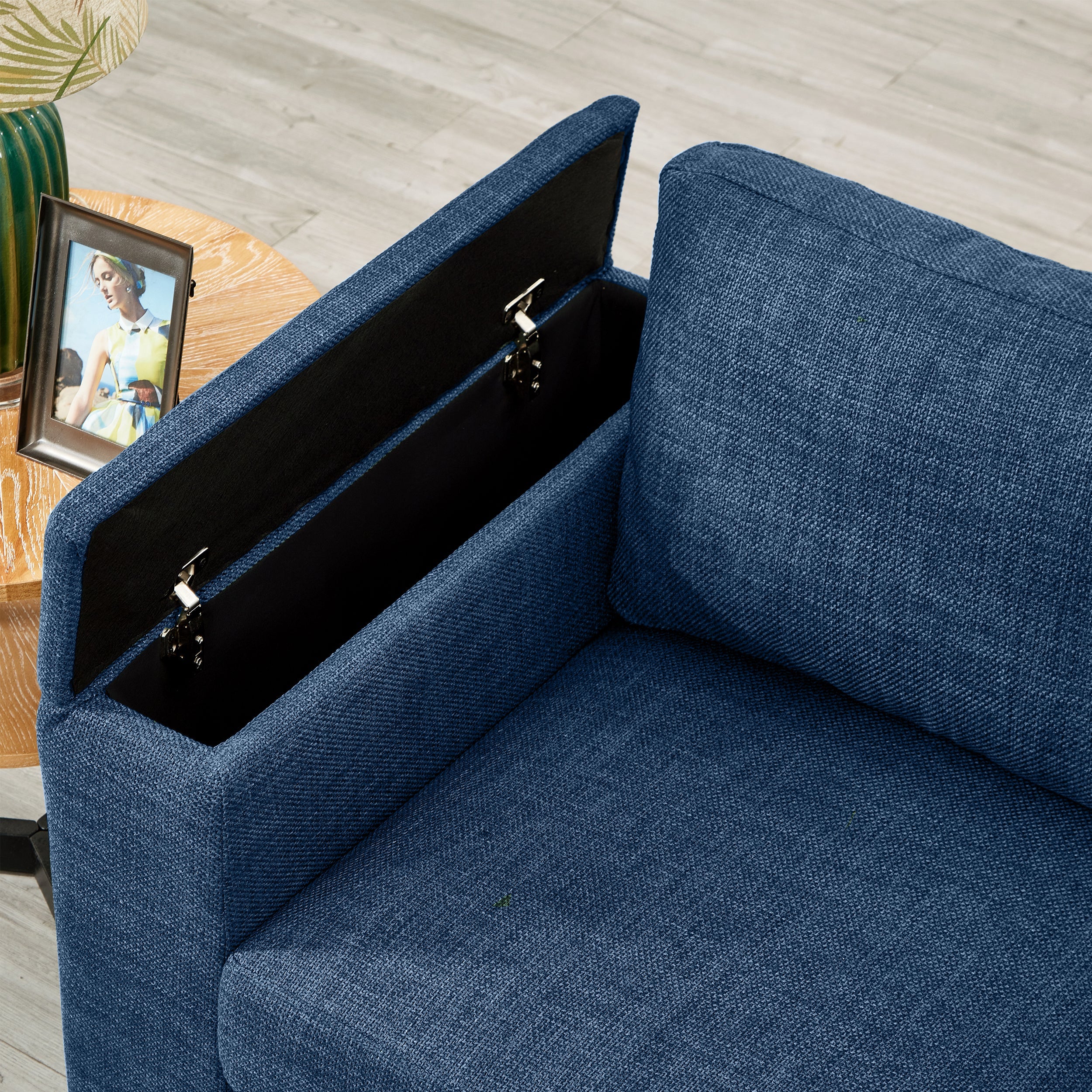 93.7' Modern Style Living Room Sofa Fabric Couch,Square Arm Sofa with Cup Holder,Storage Sofa,Upholstered Polyester Blue.
