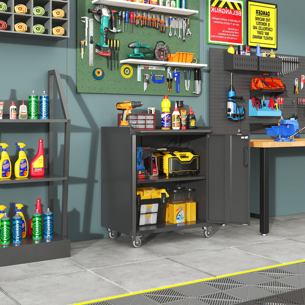 Heavy-Duty Metal Garage Storage Cabinet with Wheels - Sturdy Tool Storage Solution in Black Steel, 29.53x17.72x34.65 inches