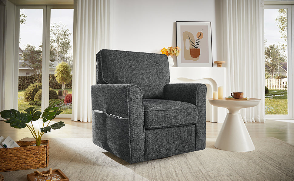 360° Swivel Chair Accent Barrel Armchair with Side Pockets, Grey Chenille, Compact Design for Living Room, Bedroom, Office