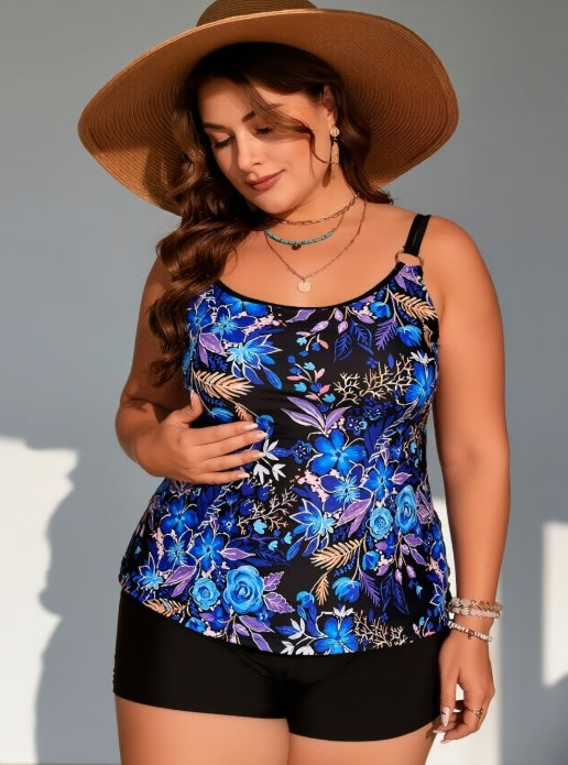 Women's Plus Size Blue Floral Two-piece Casual Swimsuit