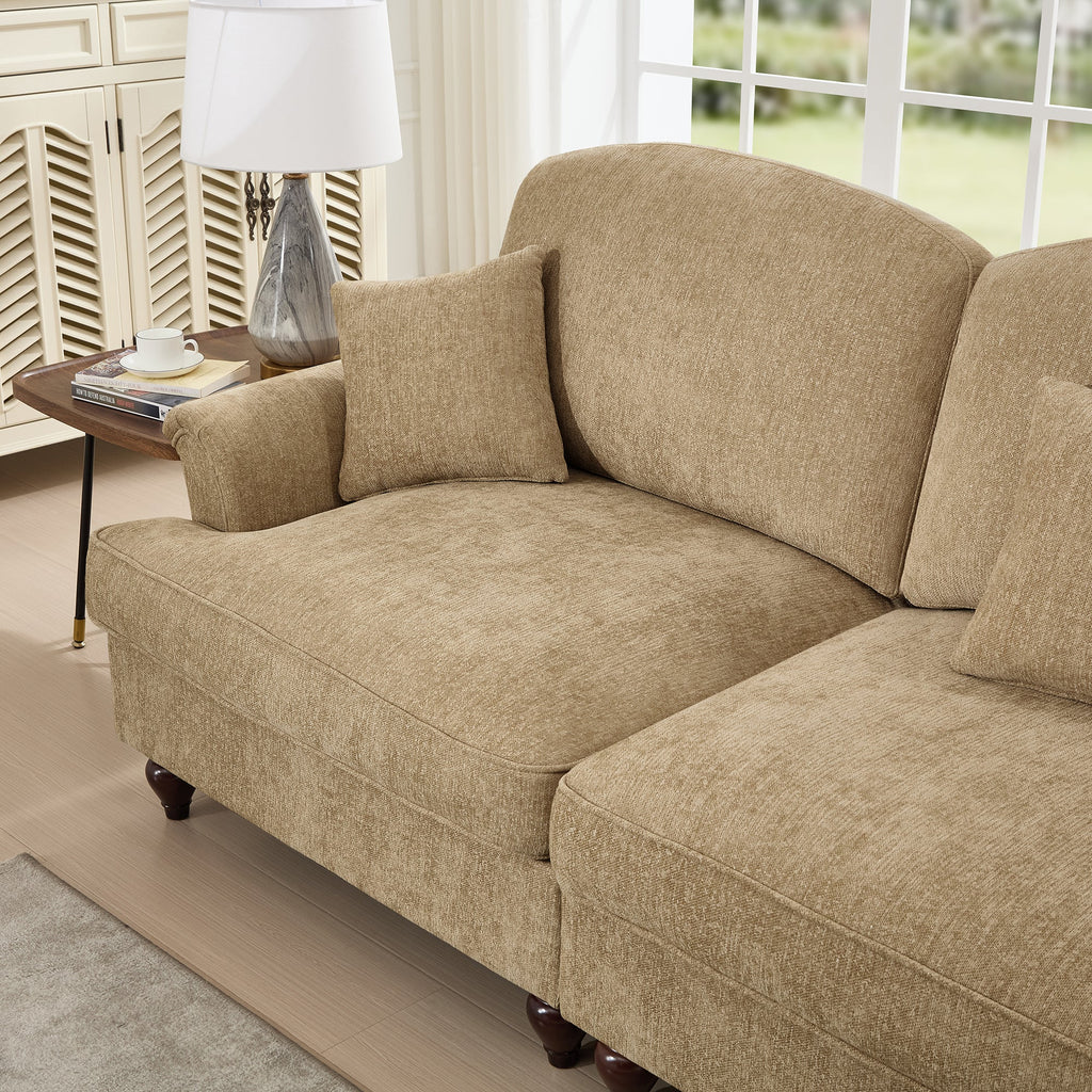 Elegant Mid Century Large 4 Seater Sofa Couch with Flared Arms and Removable Ruffles Pleats Skirts and Spindle Legs, Comfy Chenille Four-Seat Sofa for Living Room, Light Coffee
