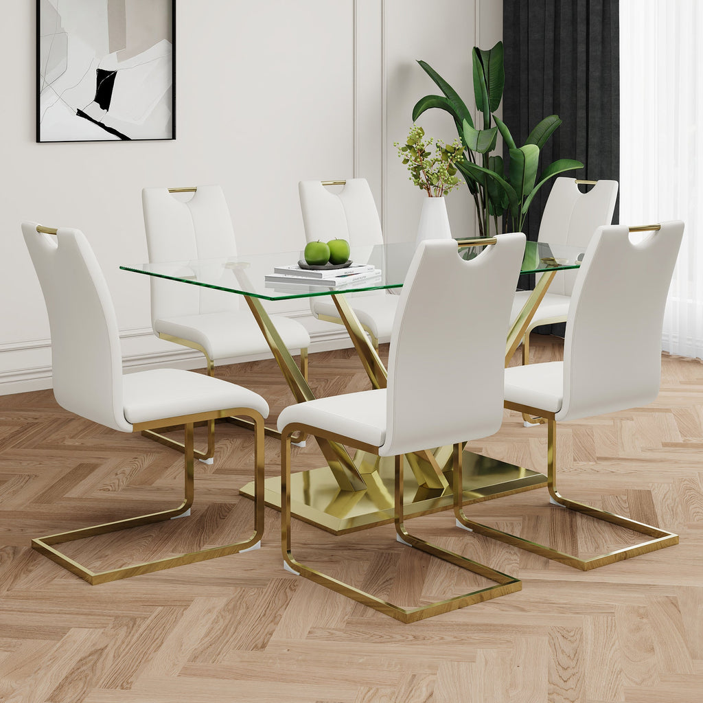 Modern style glass dining table, elegant transparent design, sturdy stainless steel base, White dining chair set, with gold-plated chair legs, suitable for dining room and kitchen (set of 7)