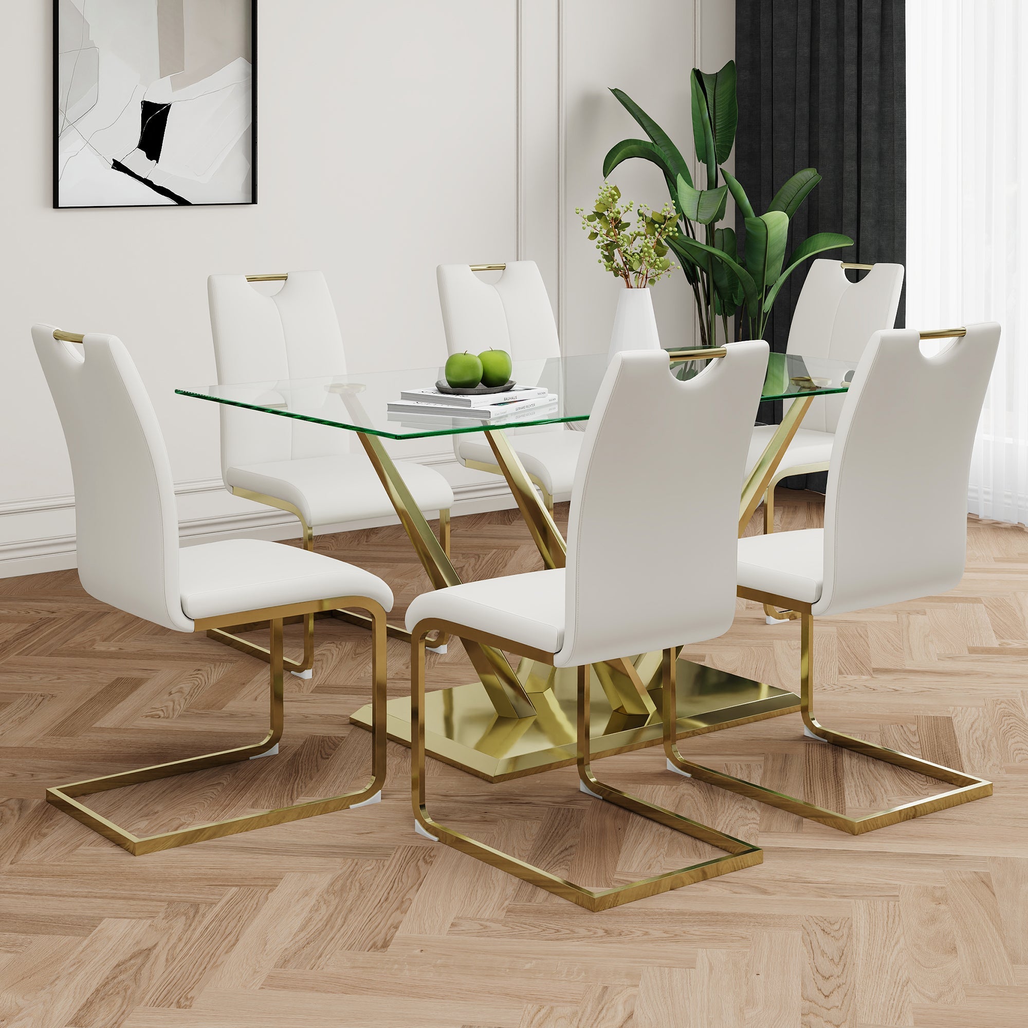 Modern style glass dining table, elegant transparent design, sturdy stainless steel base, White dining chair set, with gold-plated chair legs, suitable for dining room and kitchen (set of 7)