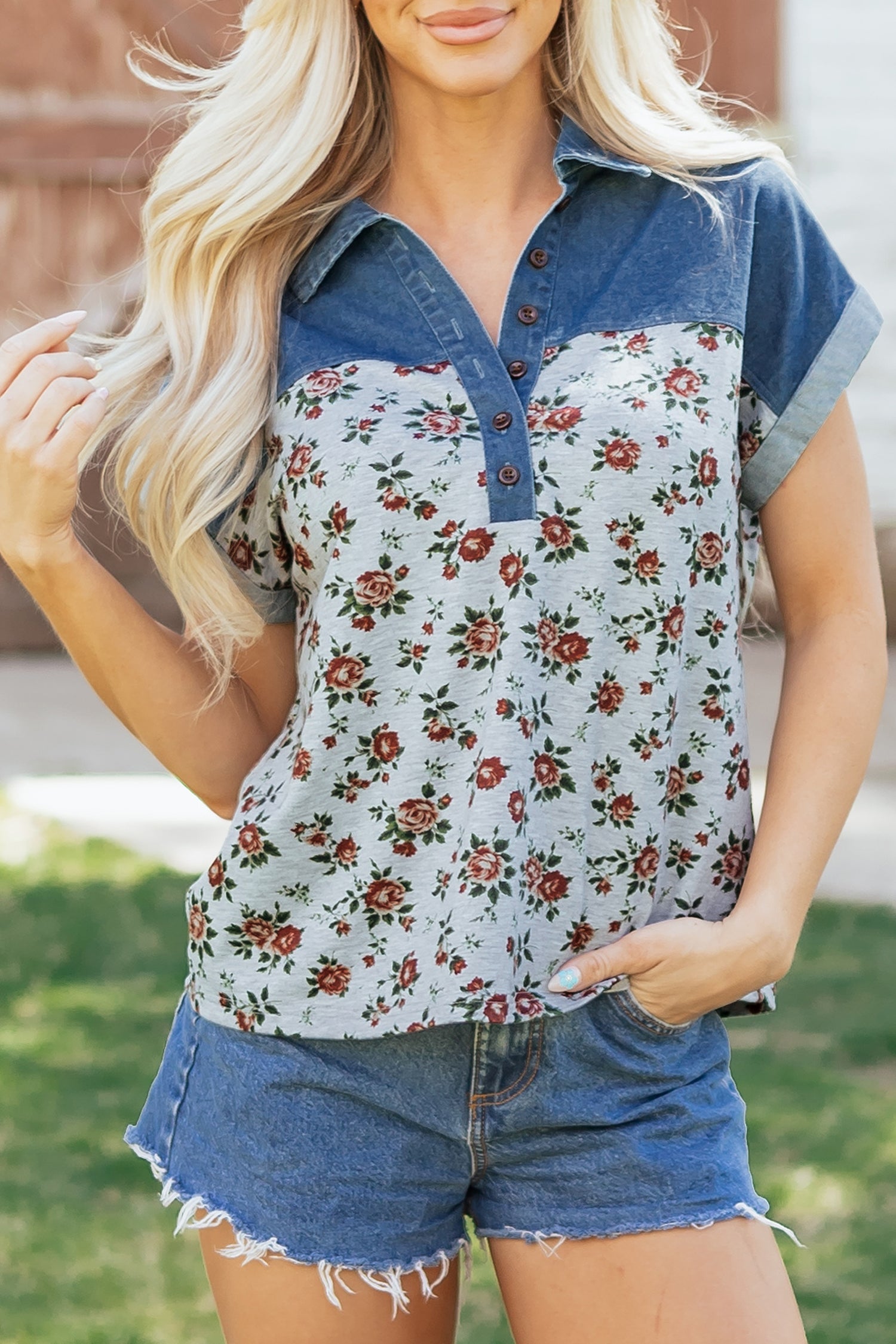 Floral Retro Denim Patchwork Buttoned Collar Top