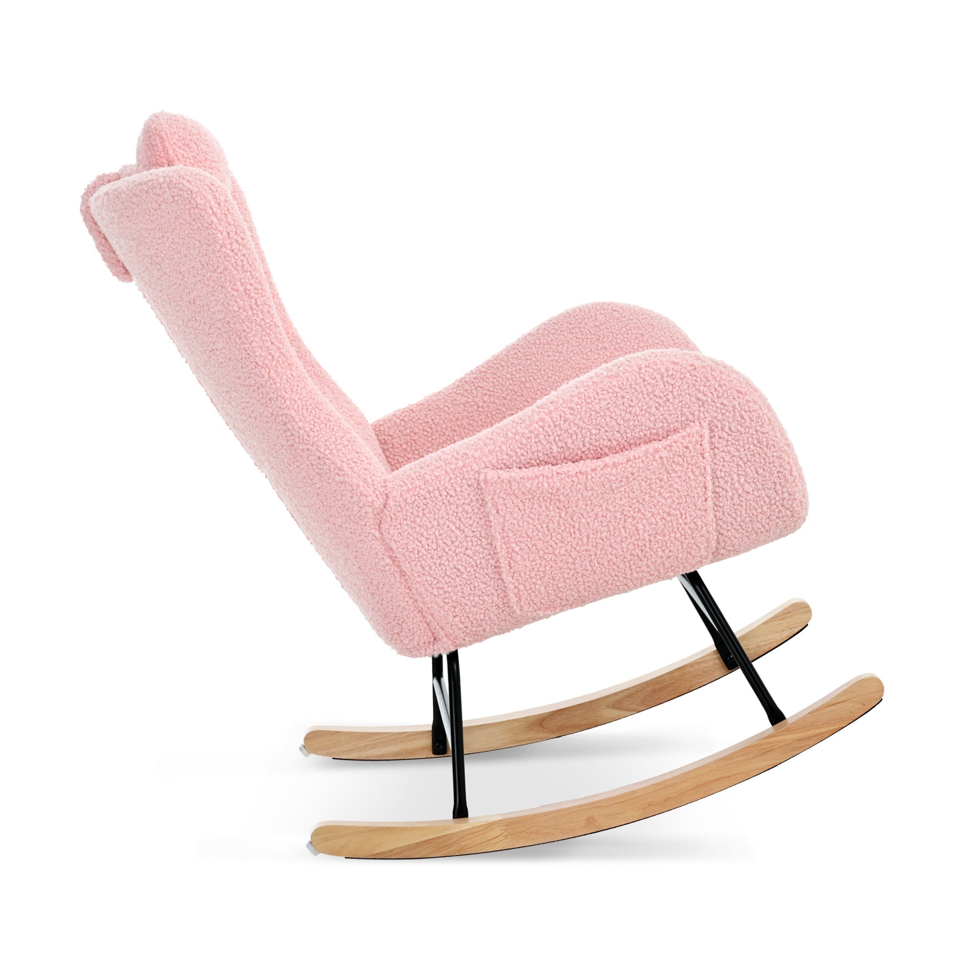 Rocking Chair Nursery, Teddy Upholstered Rocker Glider Chair with High Backrest, Adjustable Headrest & Pocket, Comfy Glider Chair for Nursery, Bedroom, Living Room, Offices, Rubber wood, pink