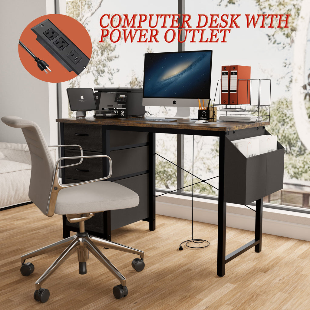 47.3'office desk with power outlet,3drawers and Side Pocket, Easy to Assemble,Frame stability Reversible for Home Office Study,Rustic Brown