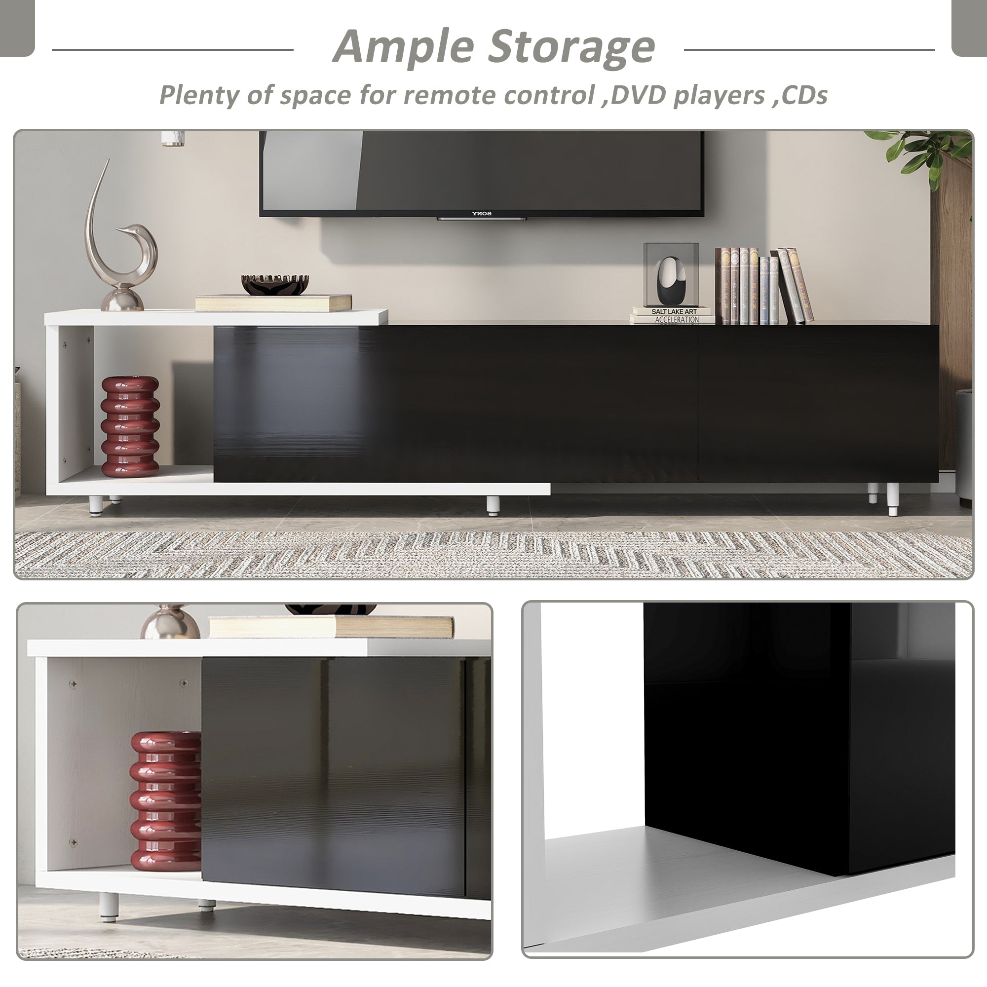 U-Can 70.1''-100'' Modern Stylish  TV Stand  TV Cabinet for 80+inch TV, White+Black, (Old SKU:WF299723AAB)
