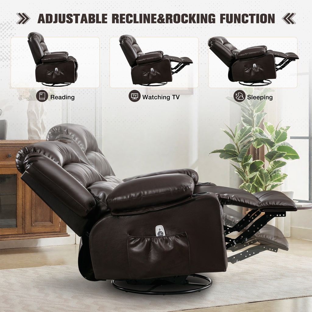Massage Swivel Rocker Recliner Chair with Vibration Massage and Heat Ergonomic Lounge Chair for Living Room with Rocking Function and Side Pocket 2 Cup Holders USB Charge Port