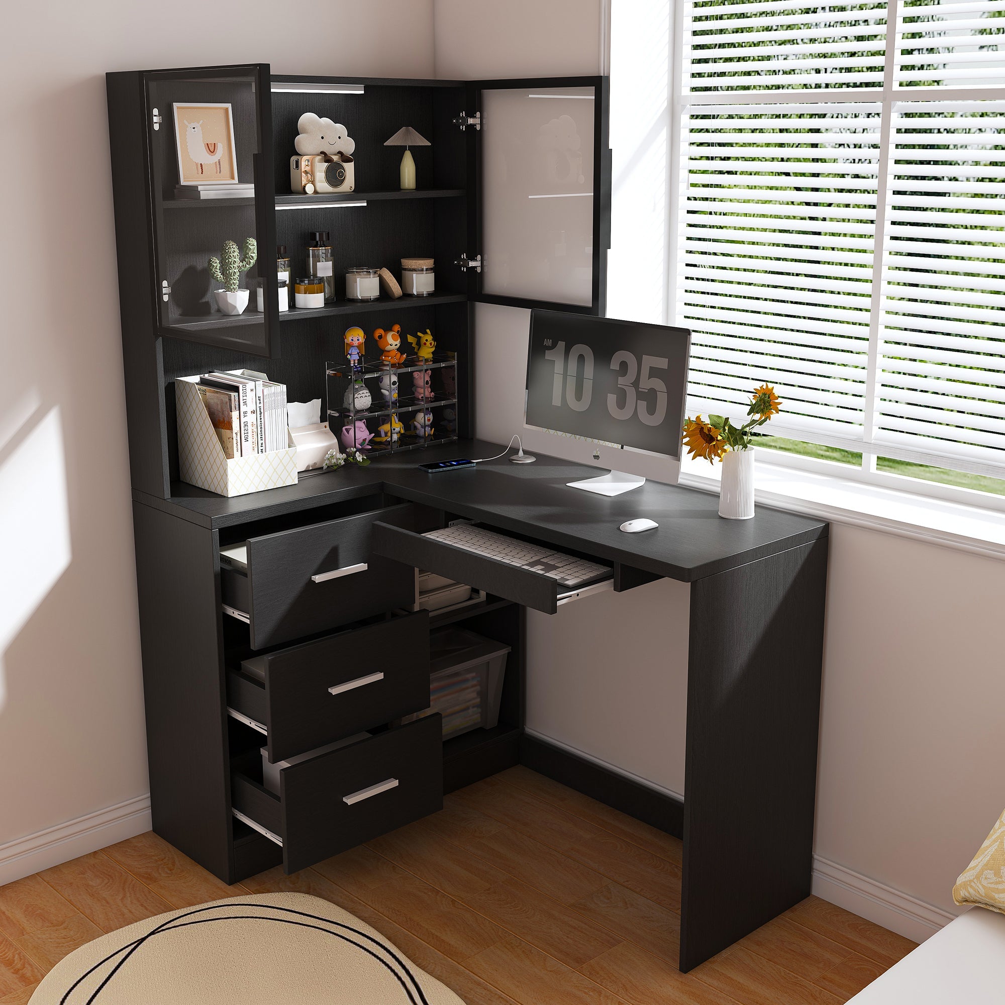 Black L-Shaped Computer Desk with Glass Cabinets, Built-In LED Lights, USB Charging Ports, and Keyboard Tray - Ergonomic Office Furniture for Home and Corporate Workspaces