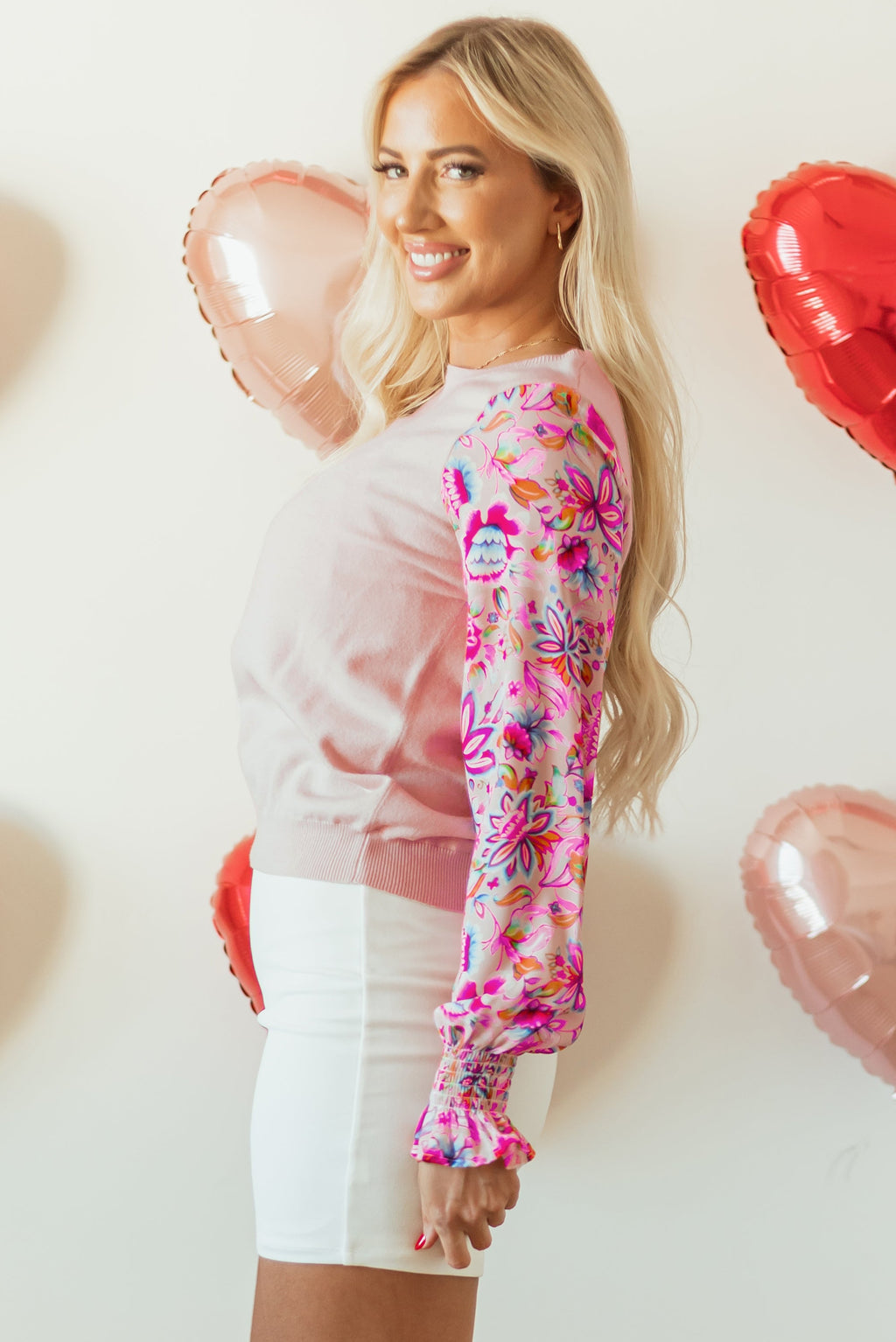 Floral Patchwork Smocked Lantern Sleeve Top