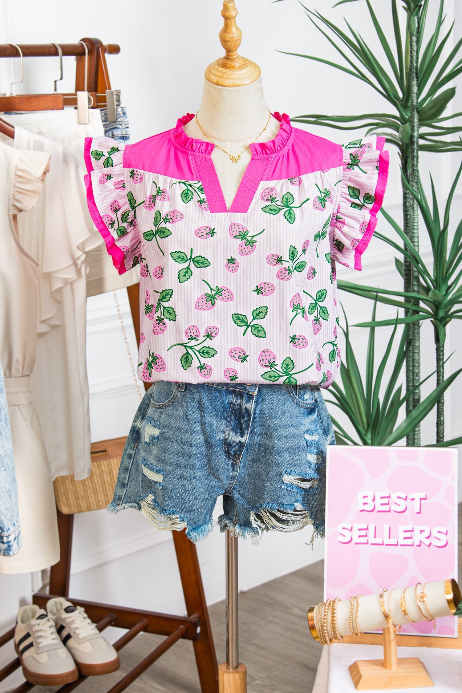 Stripe Strawberry Patchwork Flutter Sleeve V-Neck Blouse