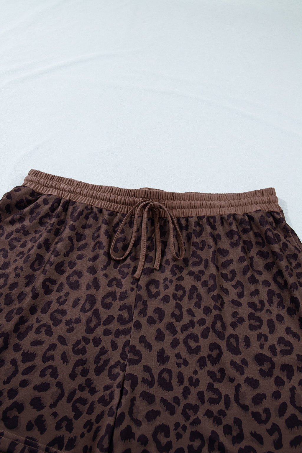 Plus Size Leopard Collared Top & Drawstring Shorts Set