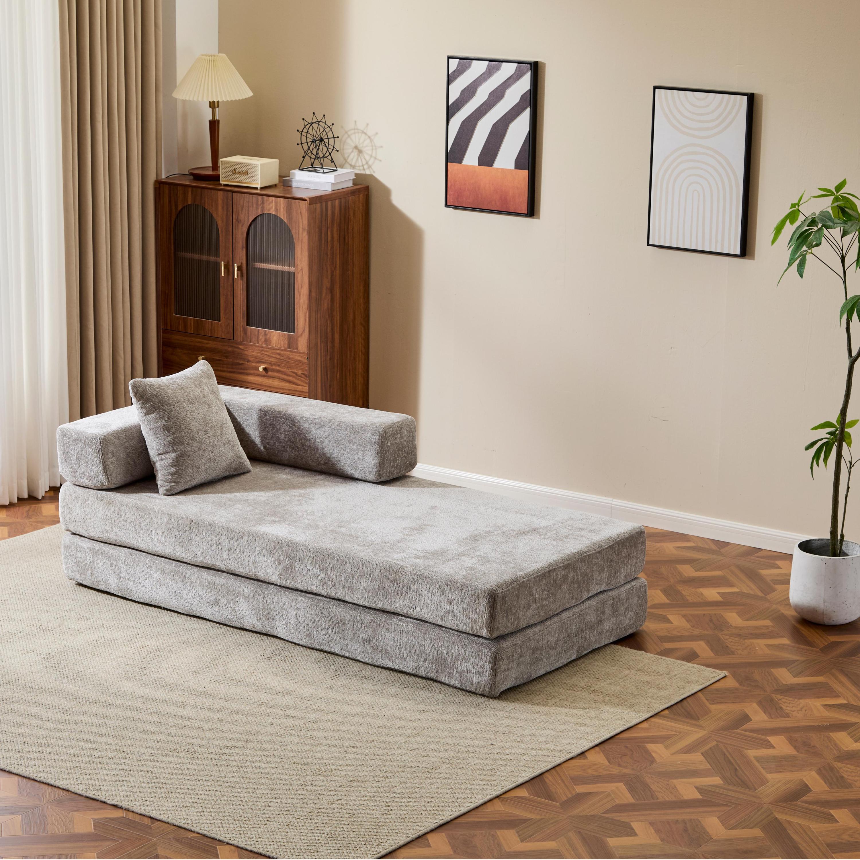 Floor Couch,Compression Sofa,Convertible Floor Sofa Bed-with Pillow Back Support Armrest,Comfy Futon Couch Lounge Sleeper Bed,Chenille fabric,for Living Room Bedroom (LIGHT-GREY)