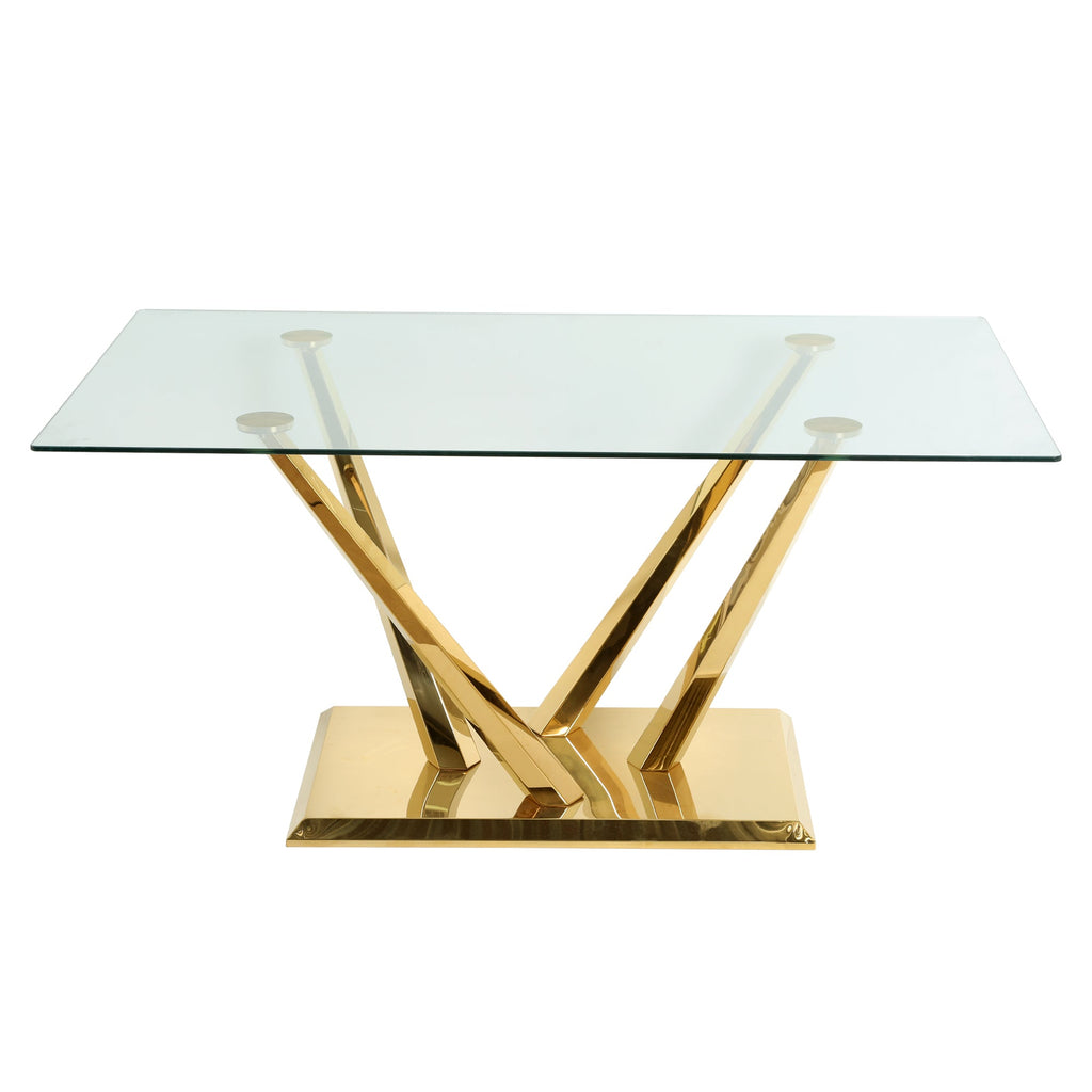 Modern style glass dining table, elegant transparent design, sturdy stainless steel base, White dining chair set, with gold-plated chair legs, suitable for dining room and kitchen (set of 7)