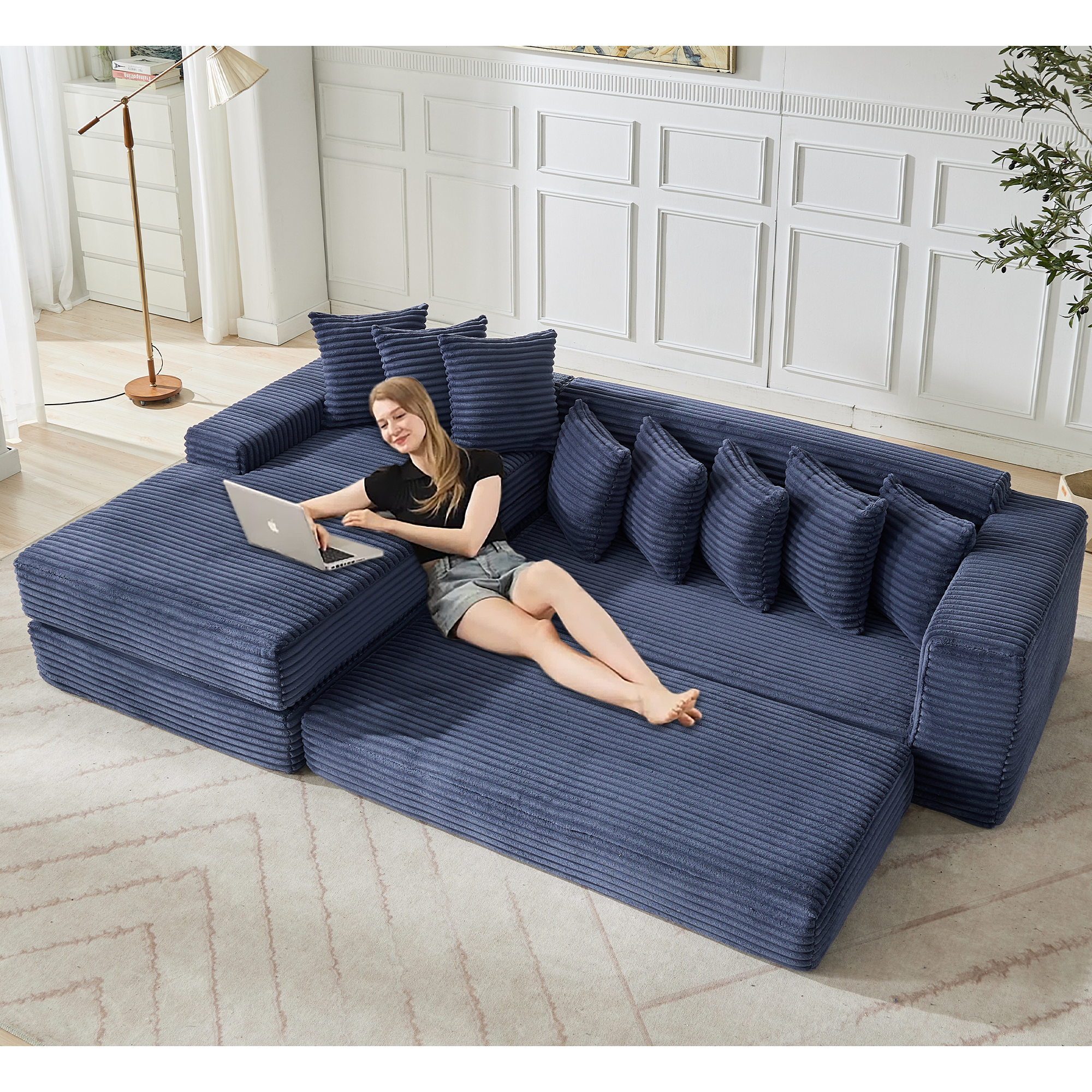 [NEW ARRIVED] [VIDEO PROVIDED]   Oversize Cloud Couch, L-Shape Sofa, Convertible Floor Sleeper Sofa Bed,  No Assembly ,Eight  pillows,3-in-1,Side Pocket,(Left Facing Sofa),3 Seat,Corduroy,Blue