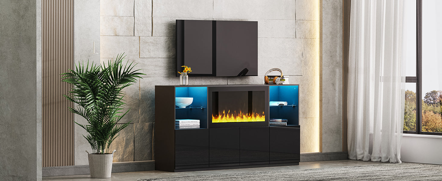 ON-TREND High Gloss TV Stand with 34.2' Non-heating Electric Fireplace, Modern Entertainment Center with LED Light, Media Console with Tempered Glass Shelves for TVs up to 75', Living Room, Black