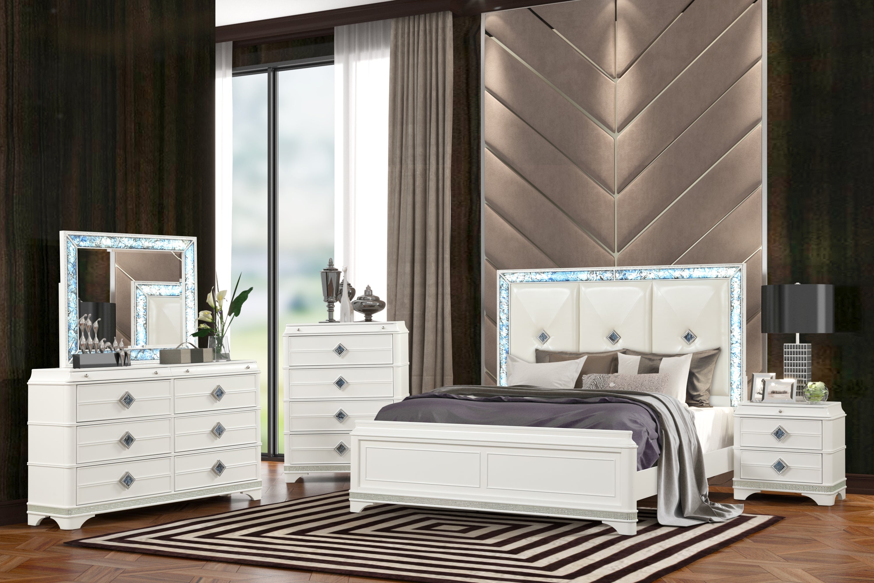 Laguna Modern Style 5 Pc King Upholstered Bedroom Set Made with Wood and Crystal Accents in White(NJ INVENTORY)