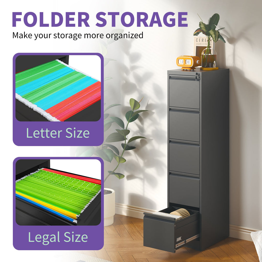 SteelCraft Pro 5 Drawer Metal Vertical File Cabinet with Lock, Black, Steel, 64.17 inches
