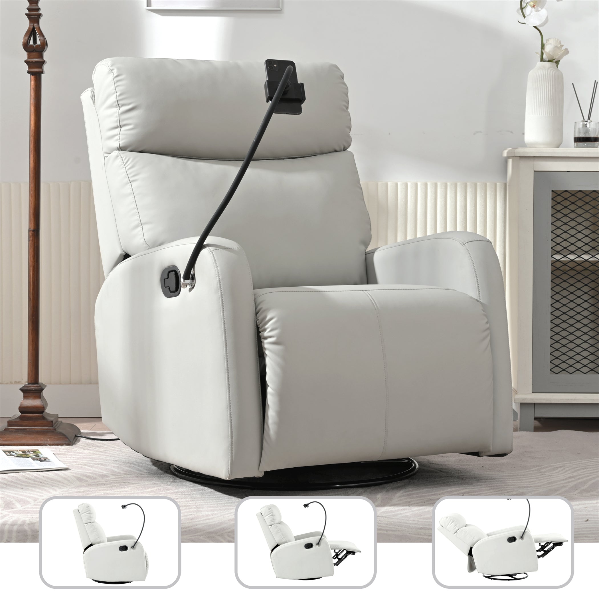 Rocking Recliner Chair, 360° Swivel Nursery Rocking Chair, Glider Chair, Modern Small Rocking Swivel Recliner Chair, Home Theater Seat, Phone Holder (Light Gray+360° Swivel)