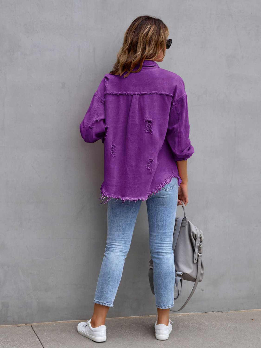 Distressed Drop Shoulder Fringe Denim Jacket Cotton Blend